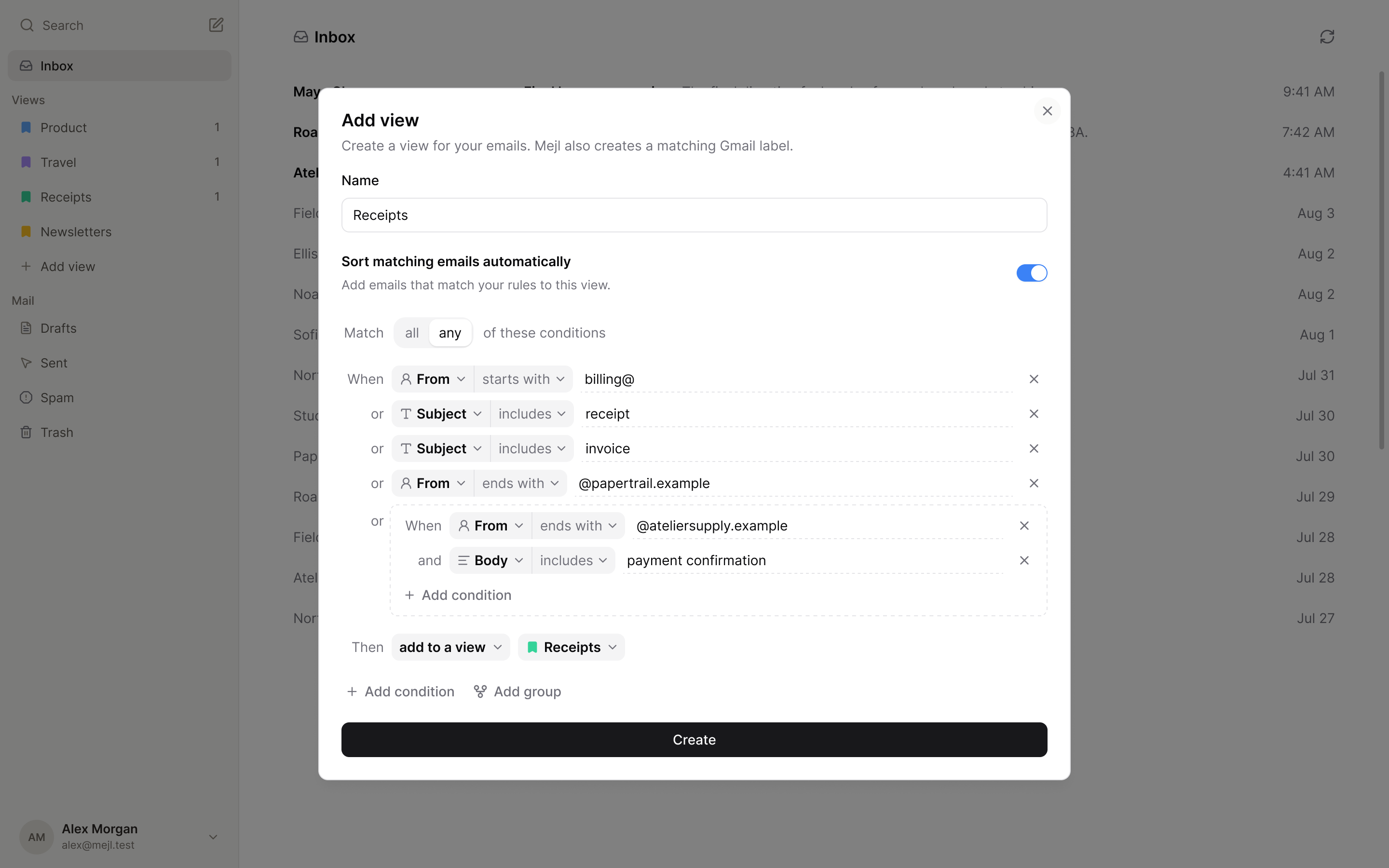 Create a Receipts view with sender and subject rules, plus a grouped sender and payment-confirmation condition.
