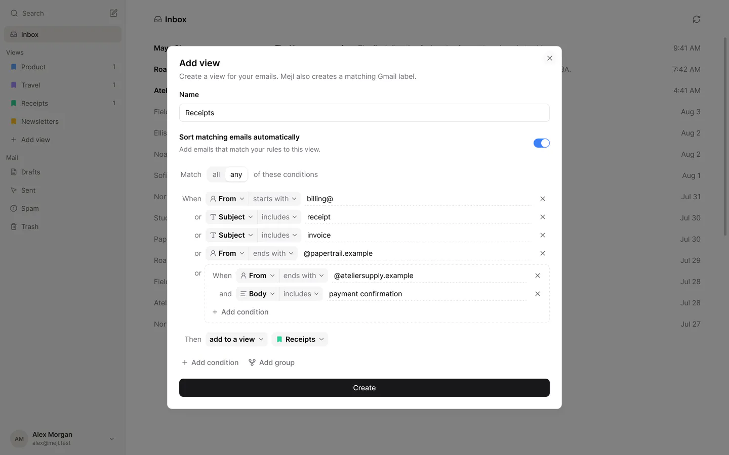 Create a Receipts view with sender and subject rules, plus a grouped sender and payment-confirmation condition.