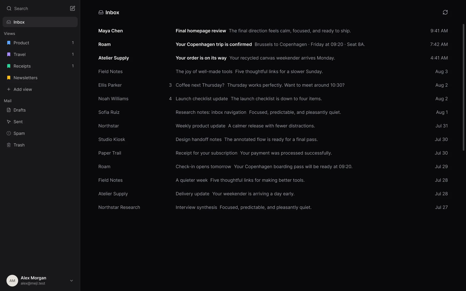The Mejl web inbox, with label-based views in the sidebar and one view of mail open