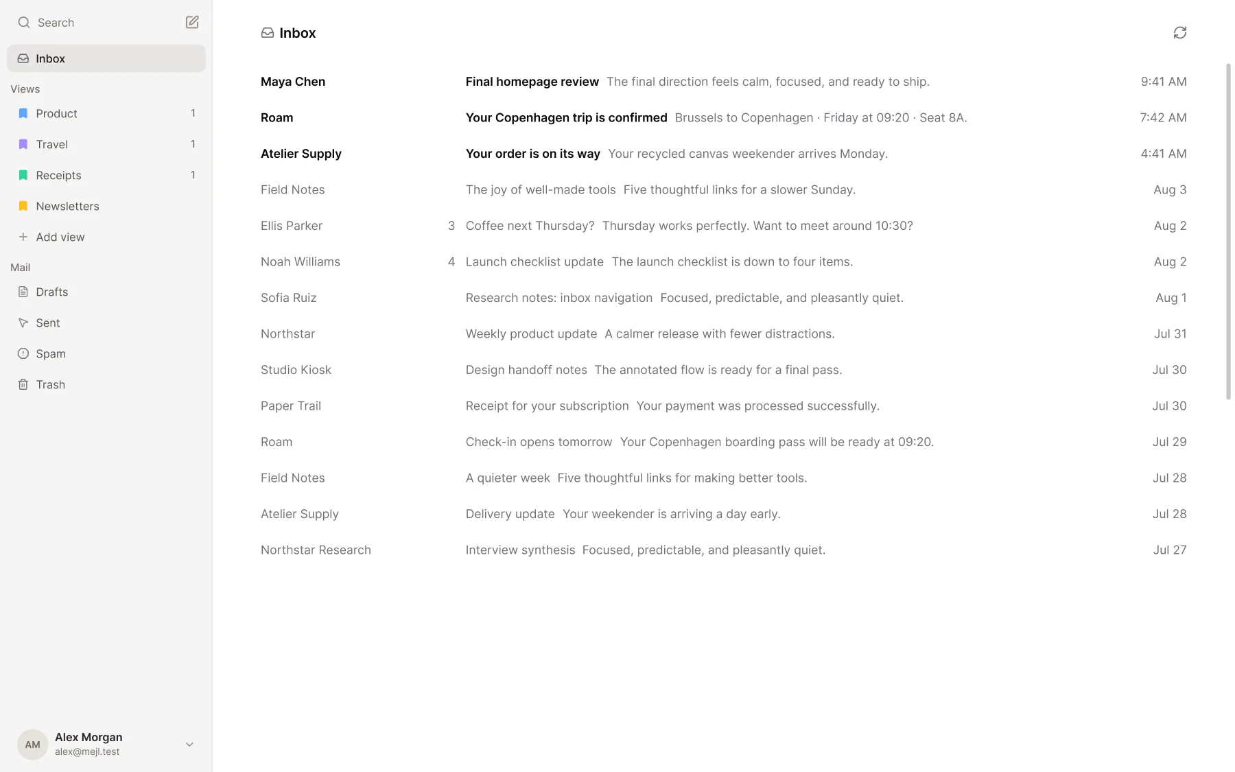 The Mejl web inbox, with label-based views in the sidebar and one view of mail open