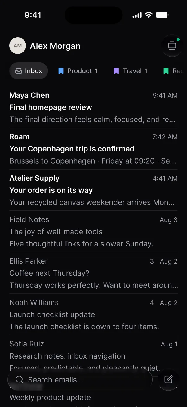 The Mejl inbox on a phone, with view pills above the thread list