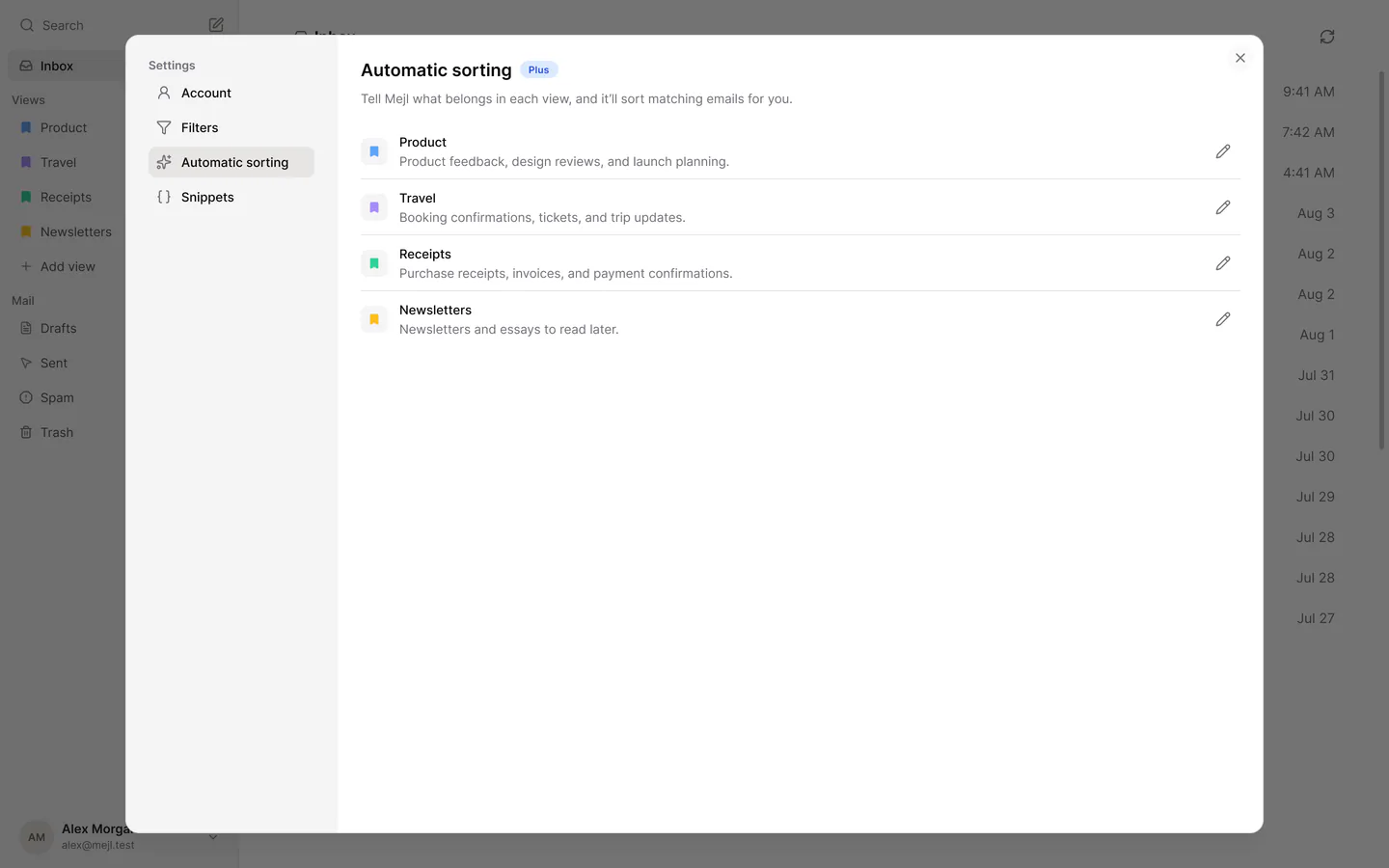 Mejl’s Automatic sorting settings, with example descriptions for Product, Travel, Receipts, and Newsletters.